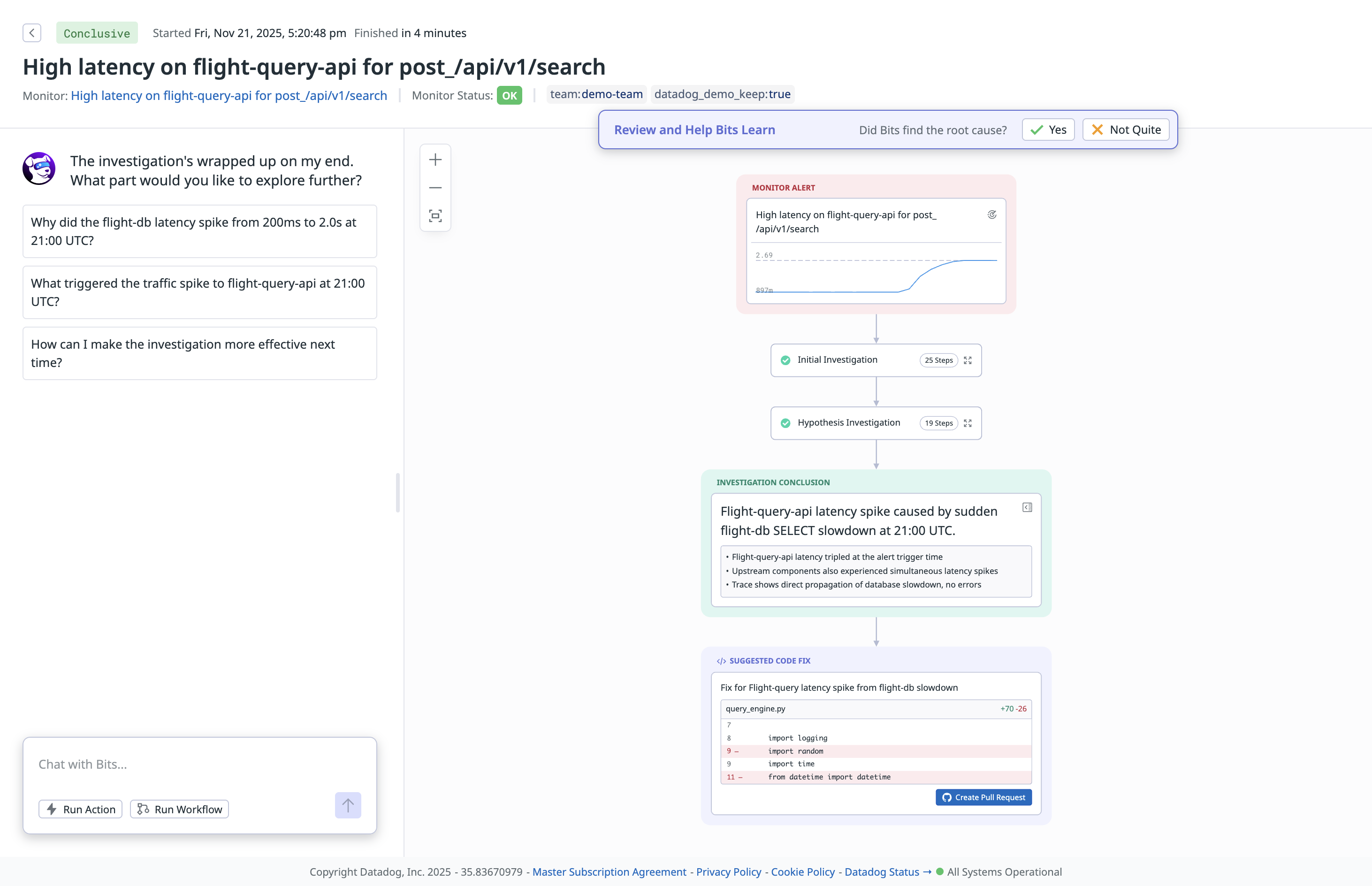 Flowchart showing Bits' investigation conclusion and a suggested code fix