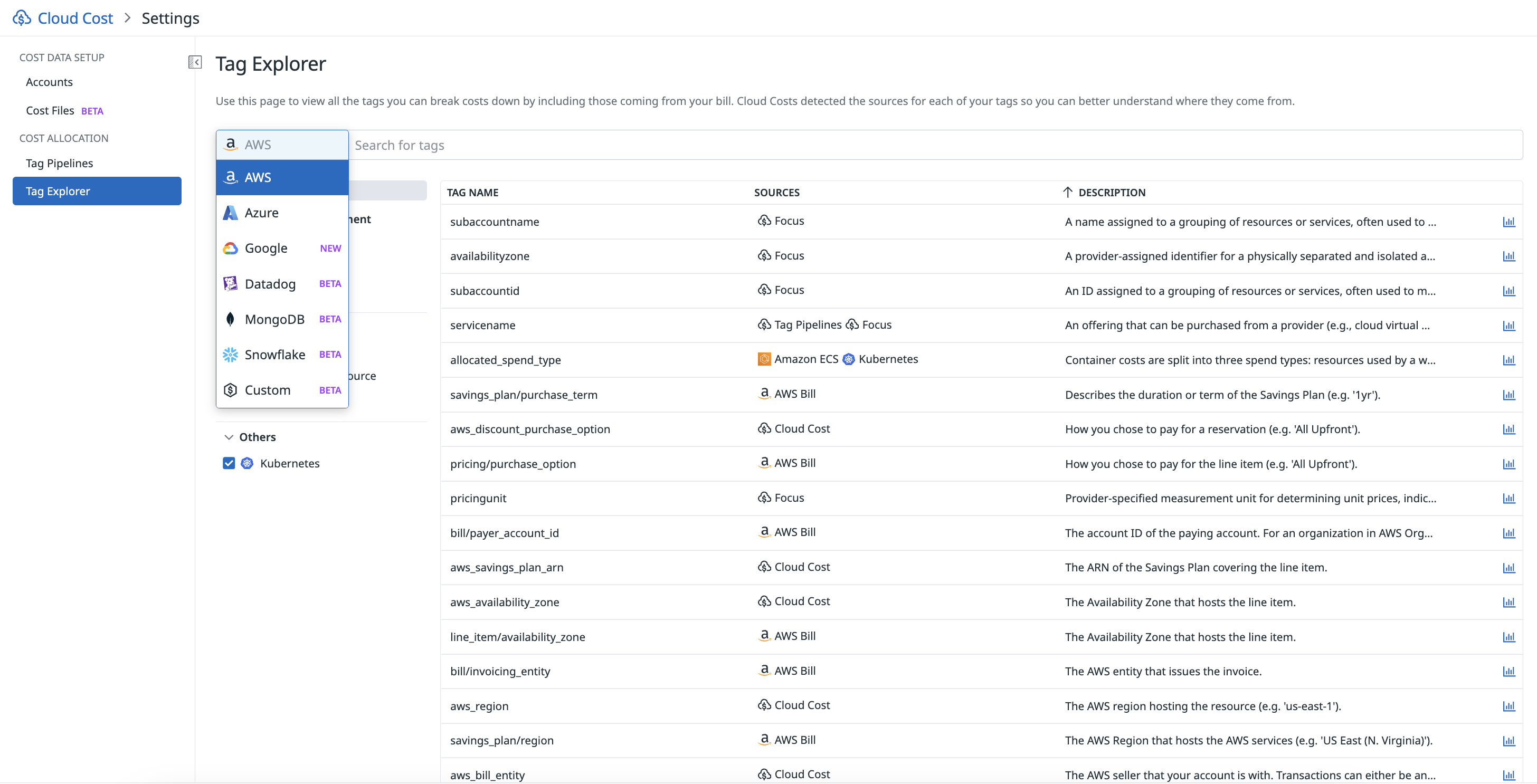 Search through the list of Azure cost-related tags in the Tag Explorer and understand where the costs are coming from