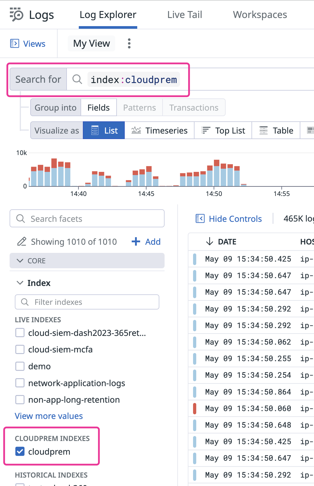 Screenshot of the Logs Explorer interface showing how to filter logs by selecting the cloudprem index in the facets panel