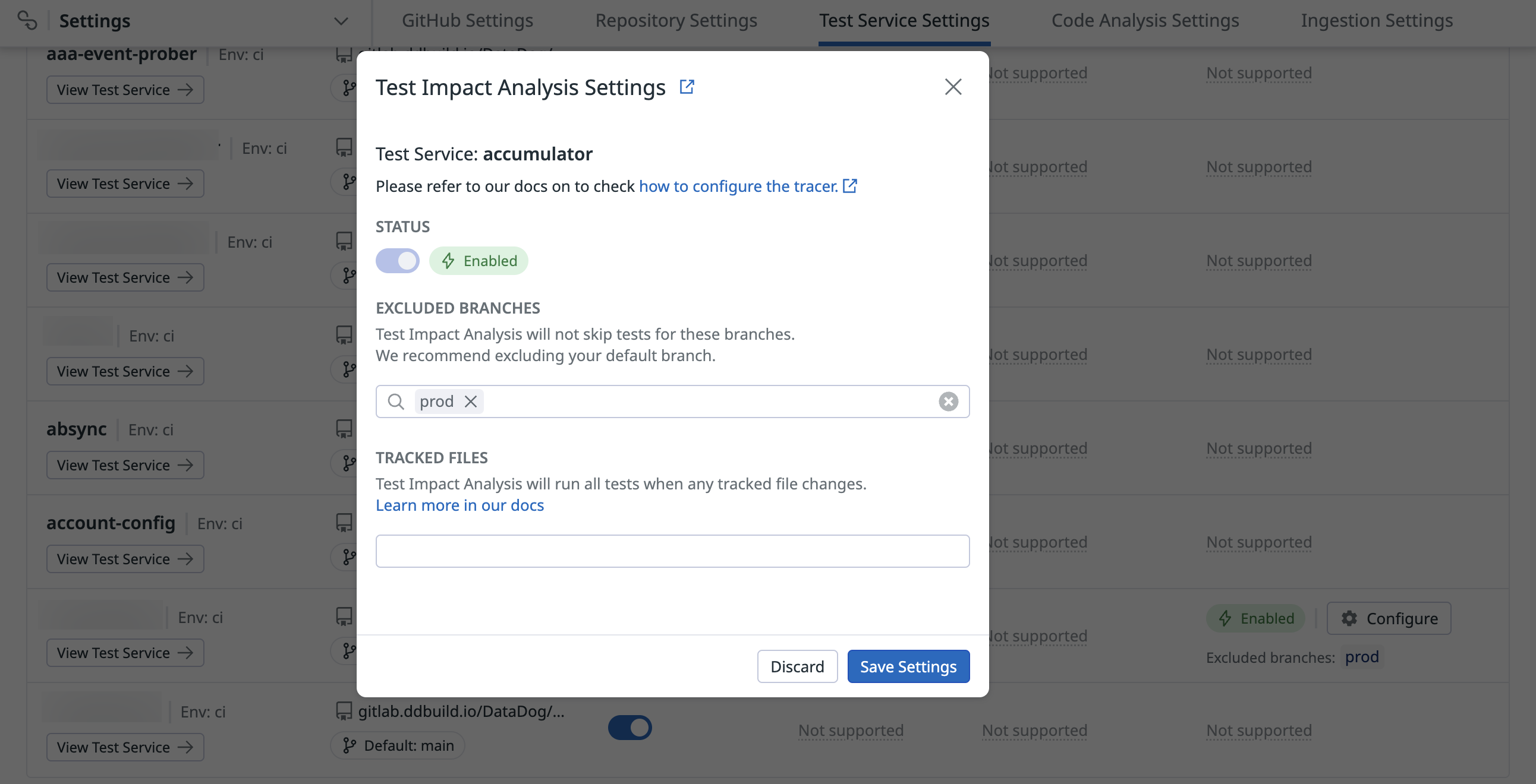 Test Impact Analysis enabled in test service settings in the CI section of Datadog.