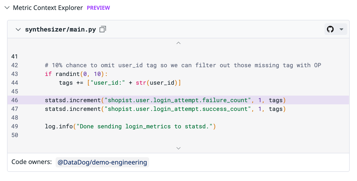 Source Code Example in Metrics sidepanel