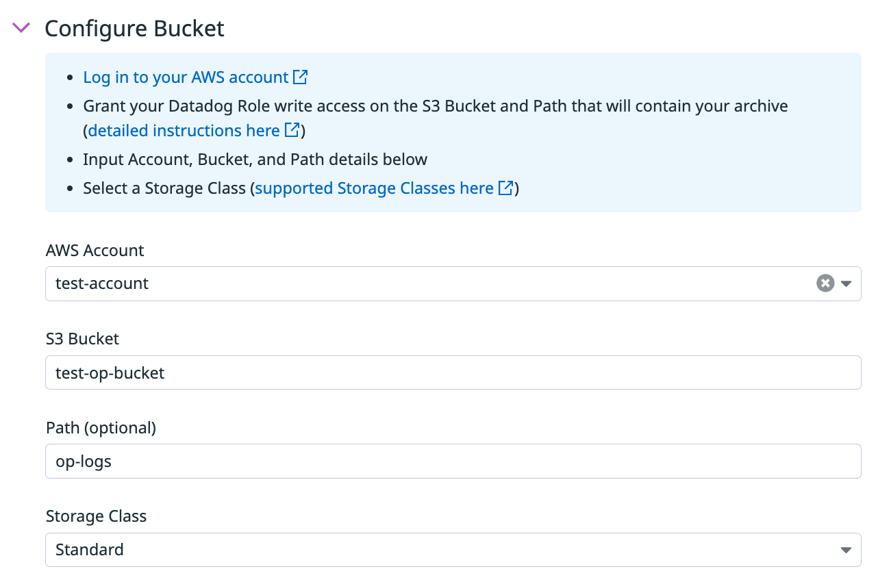 The log archive configuration with the example values