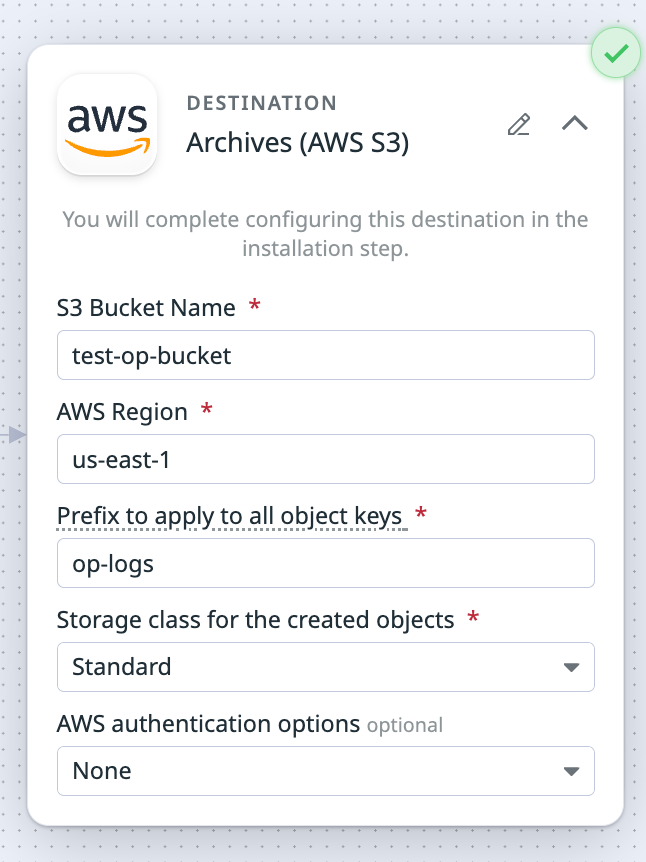 The Amazon S3 destination setup with the example values