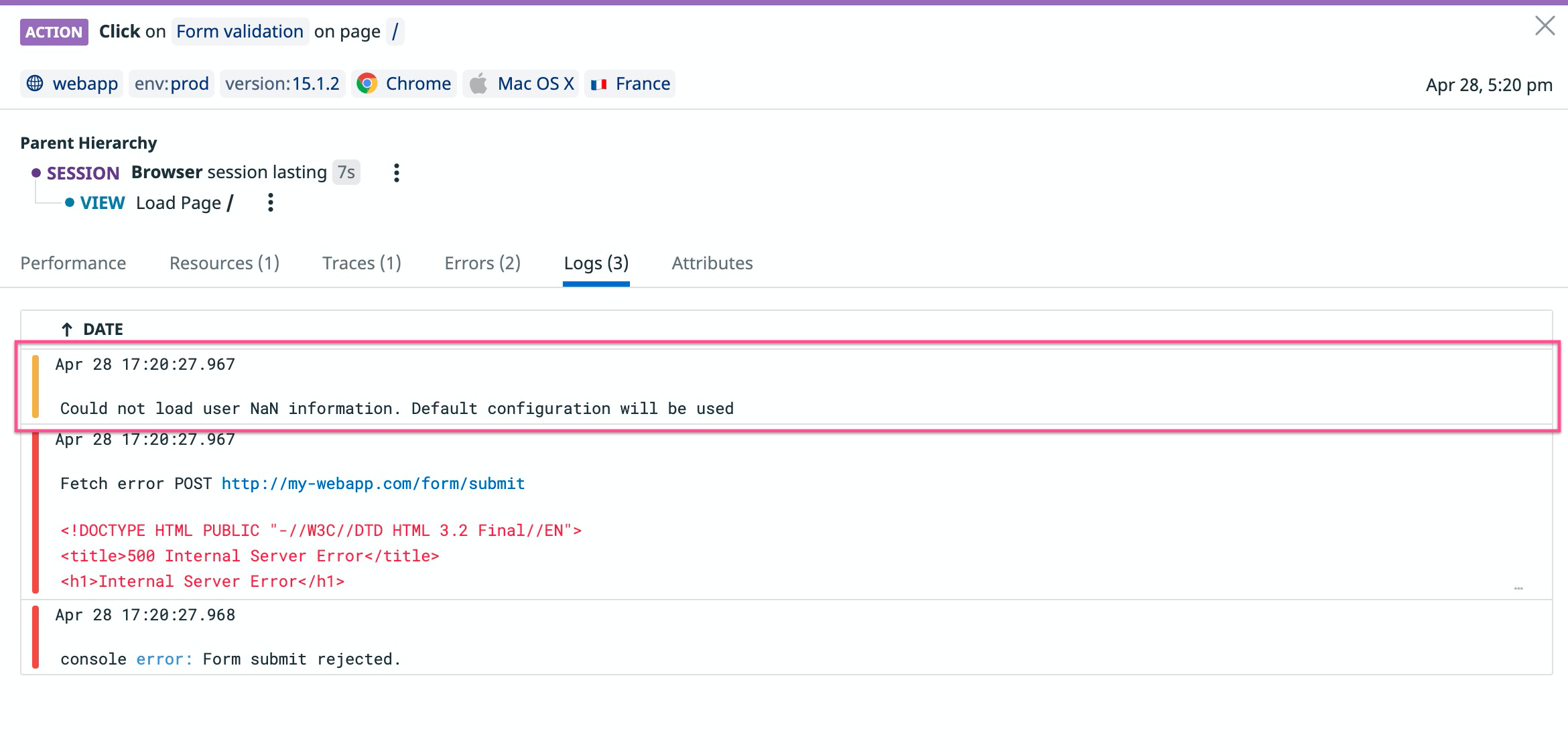 Logs de navegador en una acción de RUM