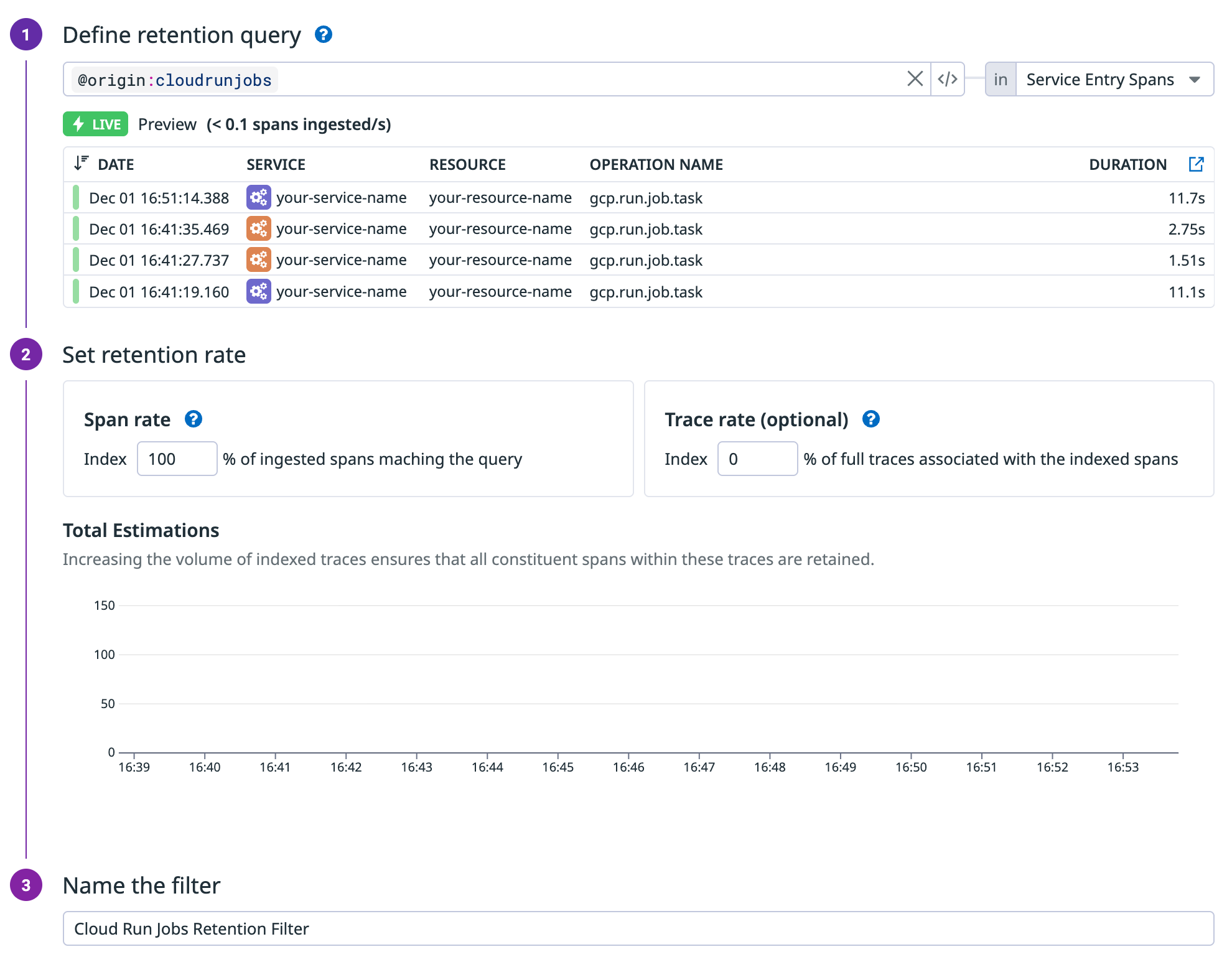 Screenshot showing retention filter configuration with @origin:cloudrunjobs query and 100% retention rate