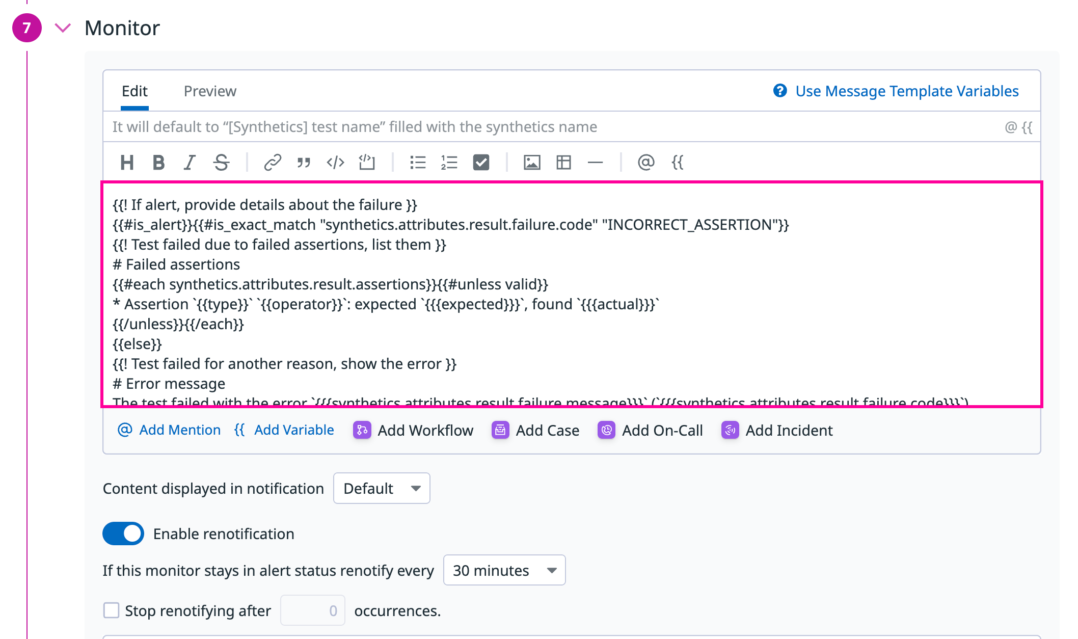 Synthetic Monitoring monitor section for API tests, highlighting the pre-filled monitor messages