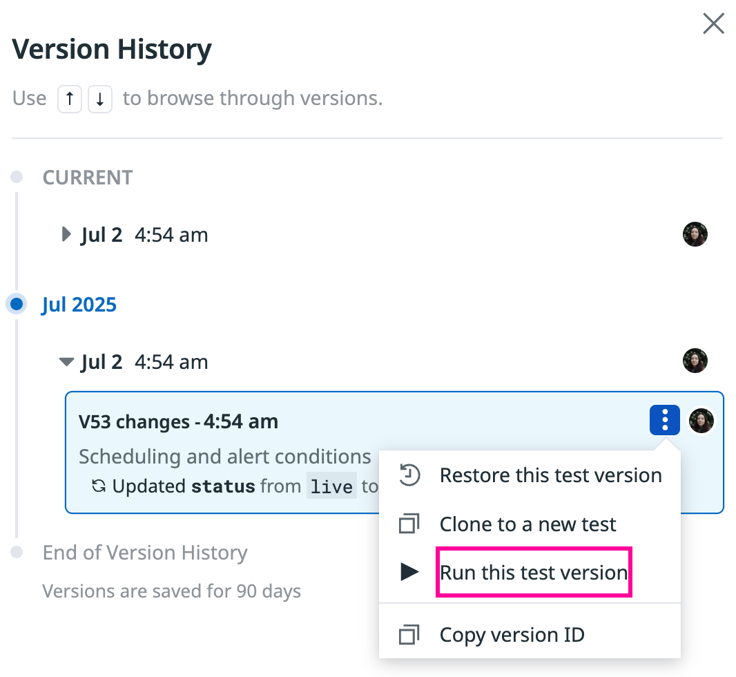 Version Test Version History for Synthetic Monitoring