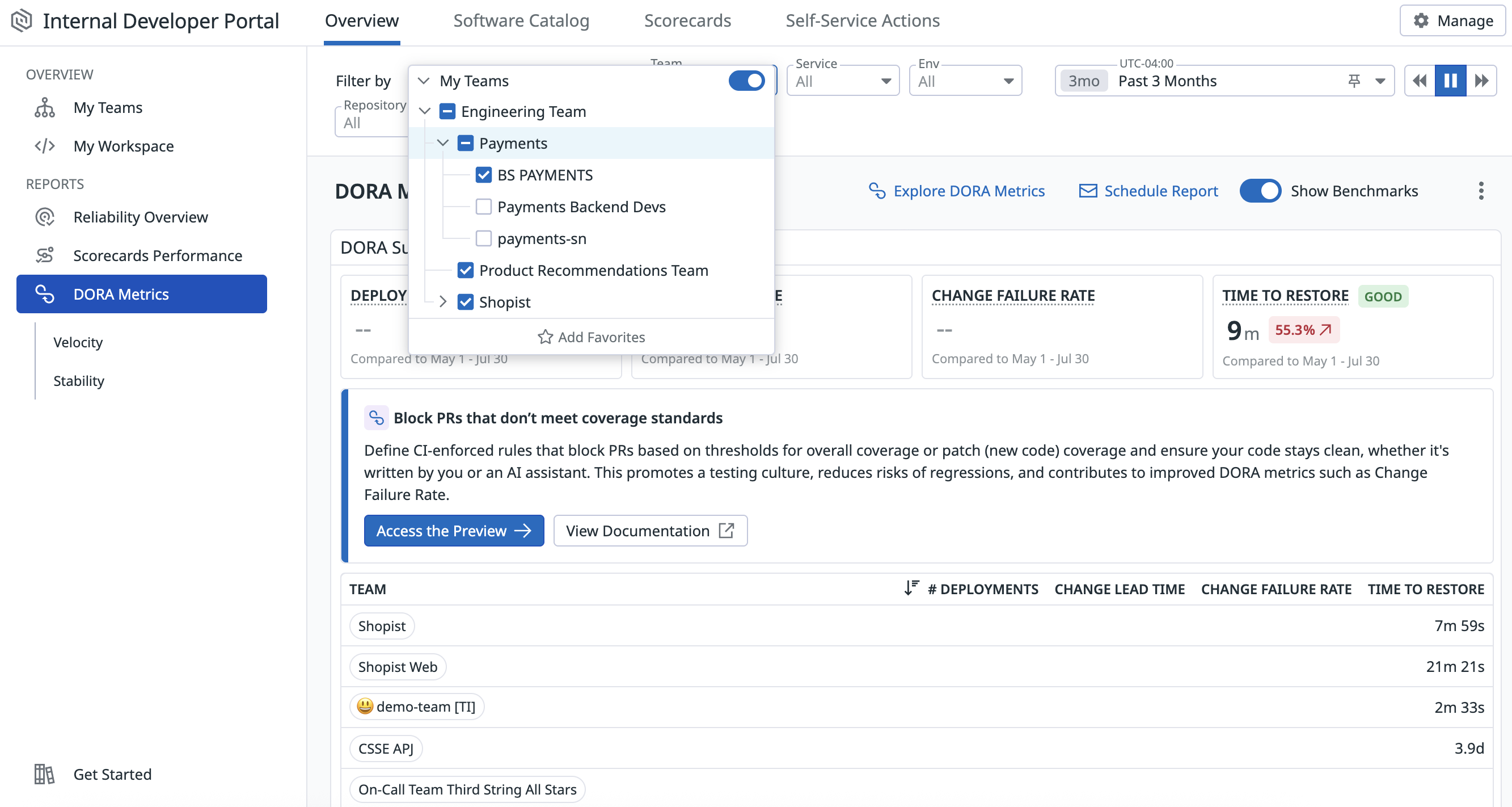 The DORA report with a filter dropdown showing a hierarchical team structure and a subset of subteams selected